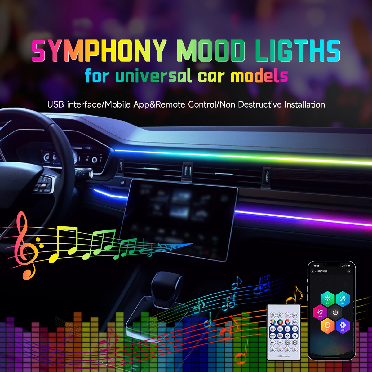 Led Ambient Interior Car Lights App Control - Lampu LED mobil USB 64 warna,