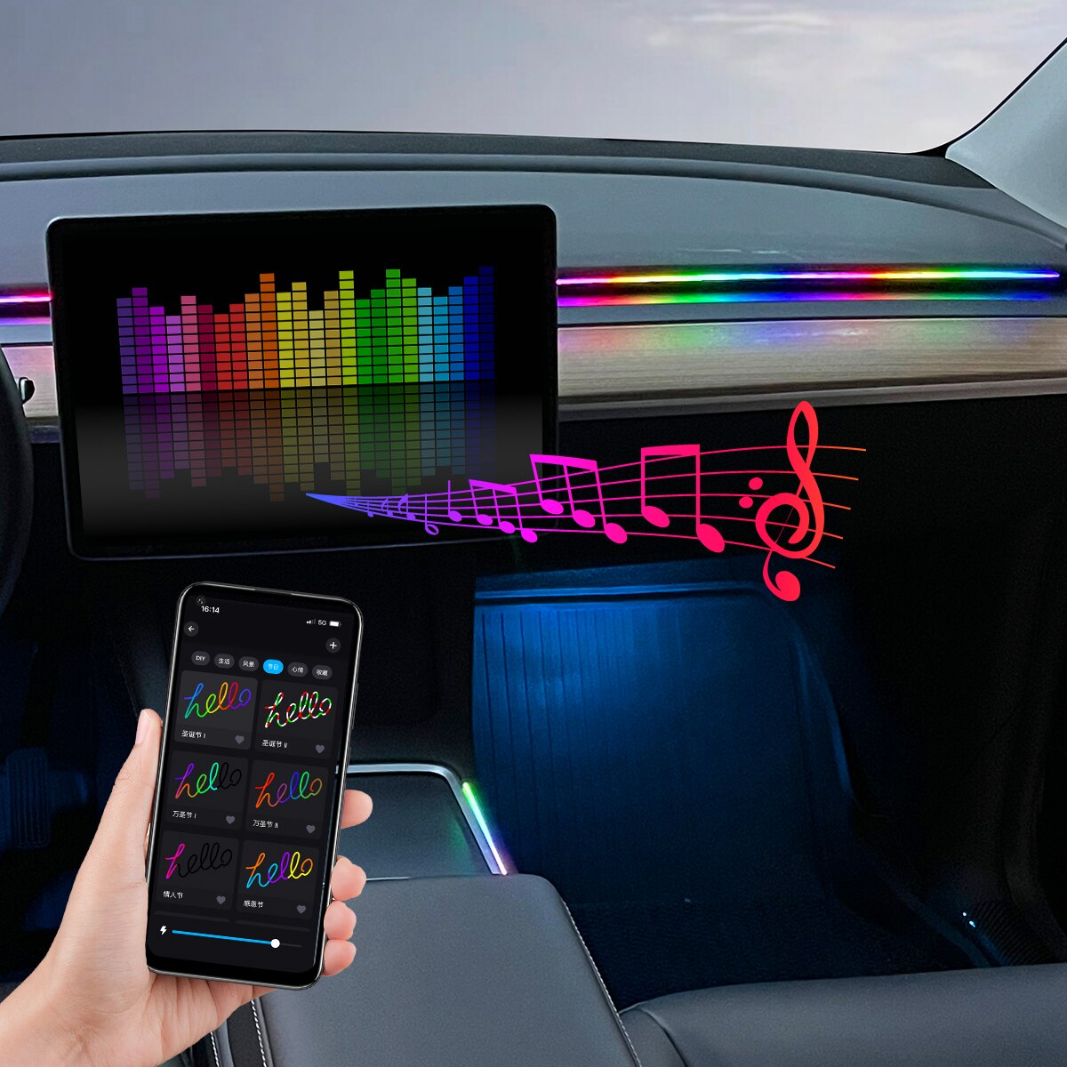 Lampu LED mobil USB 64 warna,  - Led Ambient Interior Car Lights App Control ulasan dan harga